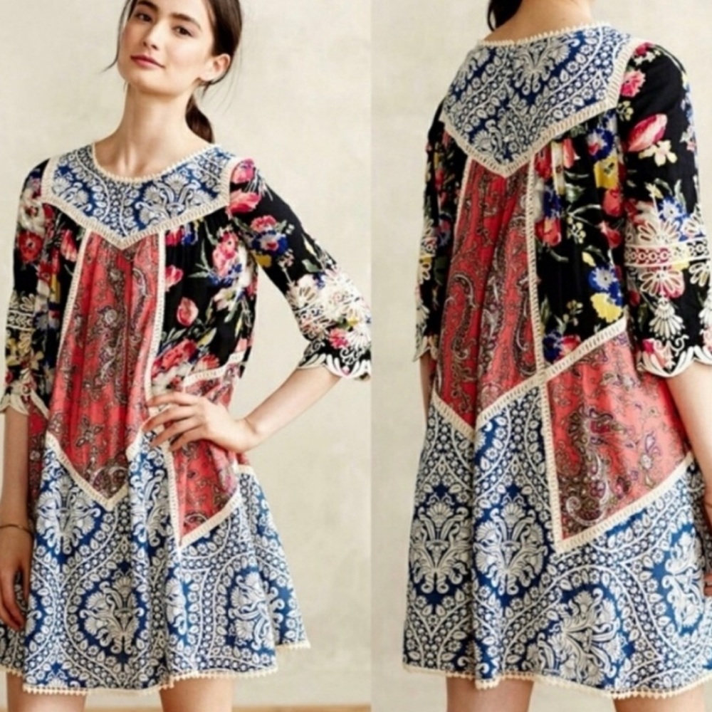 Anthropologie Floral Patchwork Dress - Black, Blue, Red